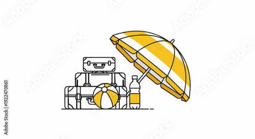 Stacked luggage with beach ball, umbrella, and a bottle under a white background