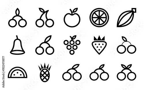 Fruit and berry organic food symbols in thick monoline geometric style. Minimalist black and white pictograms for healthy lifestyle branding and grocery apps.