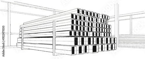 Stacked rectangular metal tubes inside a storage facility