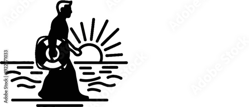 Silhouette of person holding life preserver at sunrise over water