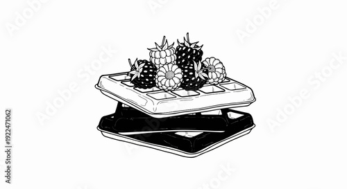 Stacked waffles topped with fresh raspberries and blackberries