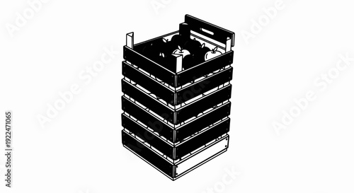 Stacked wooden crates filled with apples, rendered in a simple black and white style