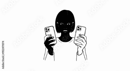 Silhouette of person holding two modern smartphones with multiple cameras