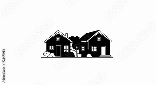 Simple black and white illustration of two houses and trees in the yard
