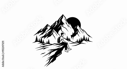Silhouette of person sitting on cliff edge, overlooking mountains and sun