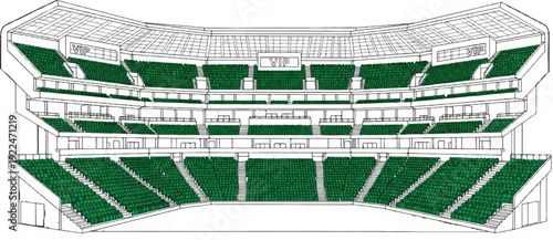 Stadium seating with multiple tiers and VIP areas highlighted