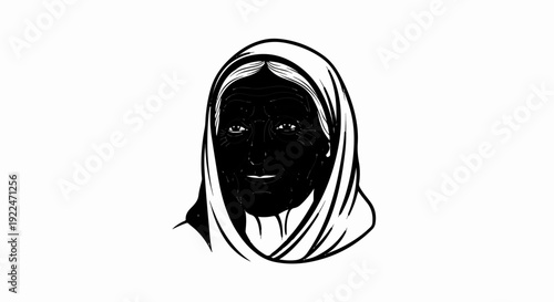 Sketch of a woman with a headscarf and lined face