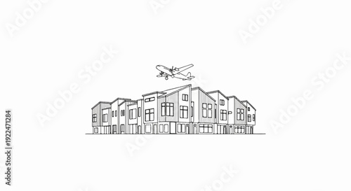 Sketch of an airplane flying over modern townhouses