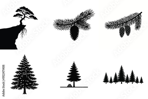 Collection of black silhouette evergreen trees, pine branches with cones, an owl in a tree, and a cliffside tree, suitable for nature and forest themed designs.