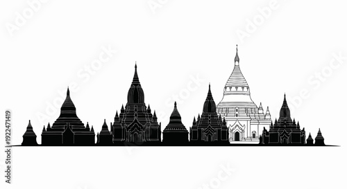 Silhouette of stupas and temples in a row against white background