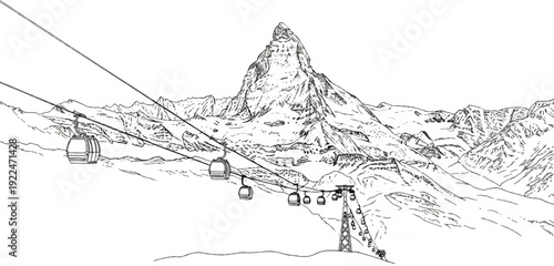 Sketch of cable cars ascending a snow-covered mountain range under a clear sky