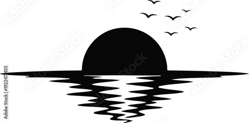 Silhouette of sun setting over water with birds flying above