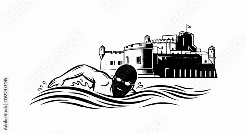 Silhouette of swimmer in water with a castle in the background