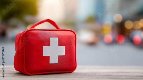 Vital medical support in catastrophic events, first aid kit emphasizing immediate care after missile strike, disaster emergency response, crisis medical supplies, defocused background, with copy