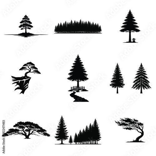 Konstfotografi Collection of diverse tree and forest silhouettes, including pine, bonsai, and windswept trees, perfect for nature themed designs and outdoor branding