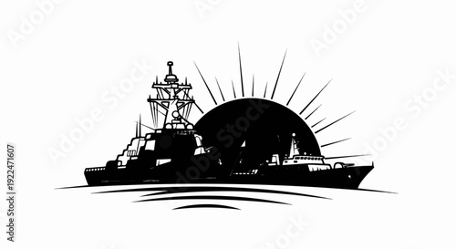 Silhouette of two warships at sunrise, with a large sun and radiating lines