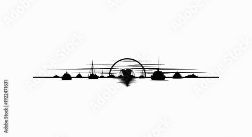 Silhouette of various boats docked at sea with an arched structure overhead