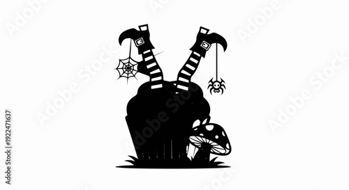 Silhouette of witch legs stuck in a cauldron with a spider and mushroom