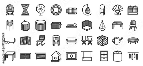 Outdoor living and garden furniture line icons for landscape design and patio planning. Technical monoline pictograms featuring seating, decor, and backyard utility elements.