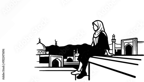 Silhouette of woman in hijab looking at Islamic architecture with mountains behind