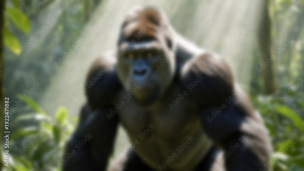 Fototapeta premium Blurred background of silverback gorilla beating its chest powerfully, ultra-realistic fur strands and intense facial expression, dense rainforest safari clearing with volumetric light rays through.