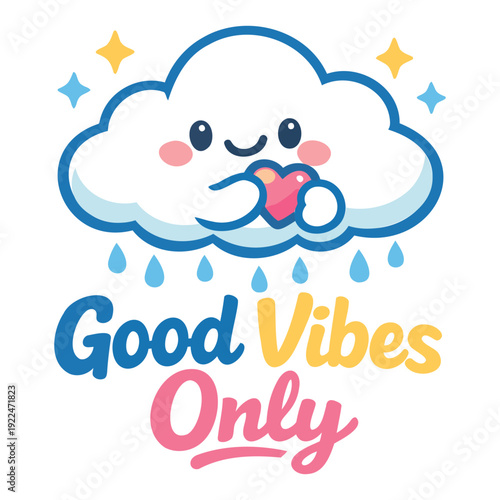 Cute cartoon smiling cloud holding a heartshaped lock sending good vibes only with raindrops and stars around it