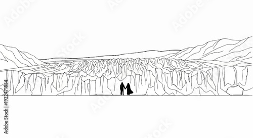 Silhouetted couple hand-in-hand before vast, textured glacial ice wall
