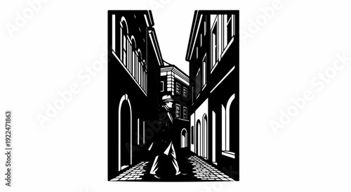 Silhouetted figure in a fedora walks down a cobblestone alley