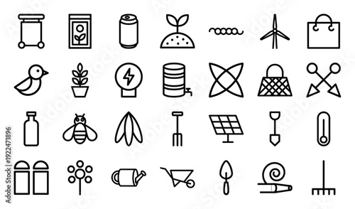 Sustainable gardening and eco-friendly living line icons for environmental conservation. Monoline black stroke pictograms of renewable energy and organic farming.