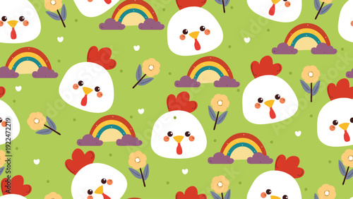 cute hand drawn cartoon chicken with rainbow and flower seamless pattern. animal background pattern for desktop wallpaper
