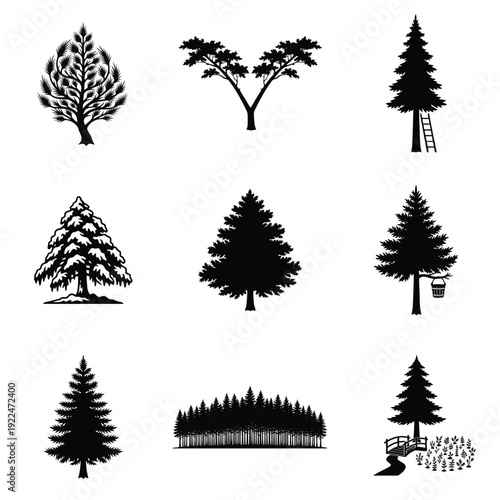 Collection of diverse black tree silhouettes, including pine, evergreen, and forest landscapes, ideal for nature themed designs and outdoor concepts.