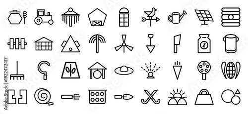 Sustainable agriculture and smart farming infrastructure pictograms. Professional monoline icons featuring renewable energy, irrigation, and modern harvesting tools.