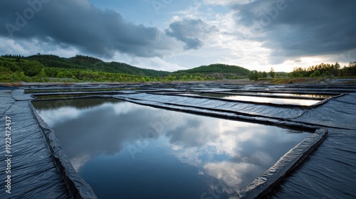 Ponds with dark liners reflect dramatic sky and green distant hills. Useful for agriculture, water conservation, and industrial waste themes.