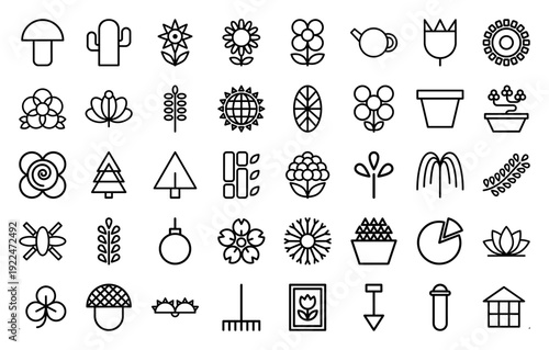 Botanical and gardening line icons featuring minimalist floral elements, organic plant silhouettes, and horticulture tools in a clean monoline aesthetic for sustainable branding.