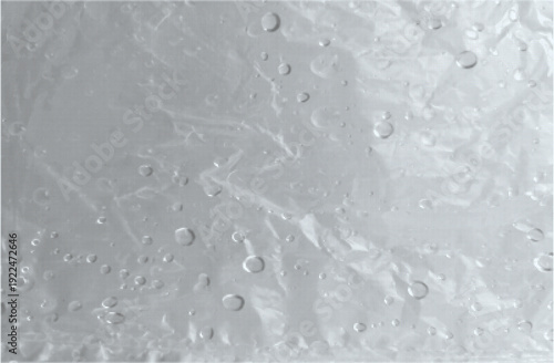 Wet transparent plastic wrap texture with large water droplets. Abstract crumpled surface background with condensation. Minimal minimalistic backdrop for design, packaging or environmental concept.