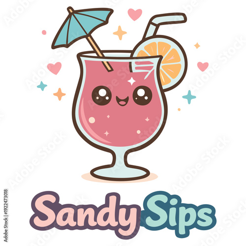 Cute kawaii cartoon cocktail drink with face and tiny umbrella smiling happily in a fun summerthemed illustration