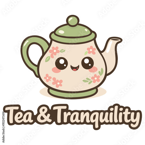 Cute kawaii teapot character with smiling face and floral design holding a cheerful expression isolated illustration