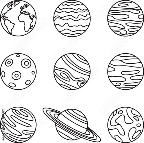 solar system icons and earth, moon, saturn coloring book vector illustration