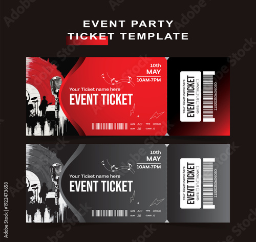 Vibrant red and grayscale music concert event ticket templates designed for easy customization and professional presentation, featuring microphone and drum set graphics.