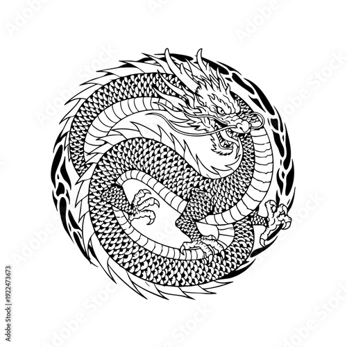 Black and white illustration of a dragon coiled in a circle.
