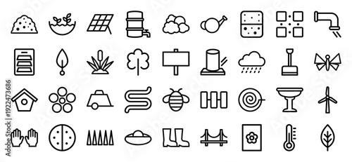 Sustainable gardening and eco-friendly landscaping monoline icons. Minimalist technical line art featuring renewable energy, organic farming, and backyard cultivation elements.