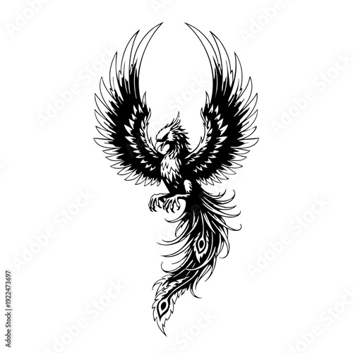 Black and white illustration of a phoenix with outstretched wings.