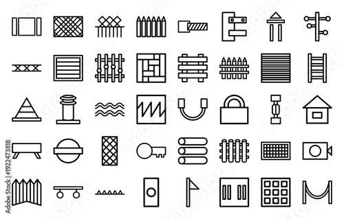 Construction and security site planning elements featuring monoline gate, fence, and barrier icons. Industrial boundary control and site safety infrastructure pictograms in technical geometric style.