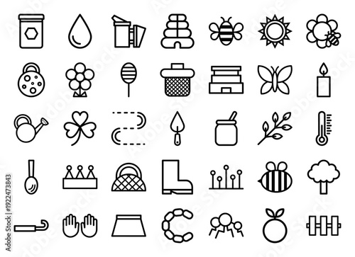 Beekeeping and organic honey production line icons. Professional monoline pictograms for apiary management, sustainable farming, and pollination concepts.