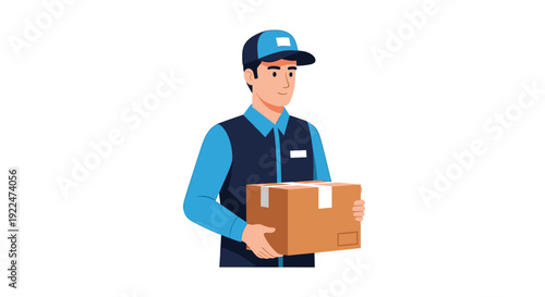Delivery Man in Uniform Carrying a Package Across White Background