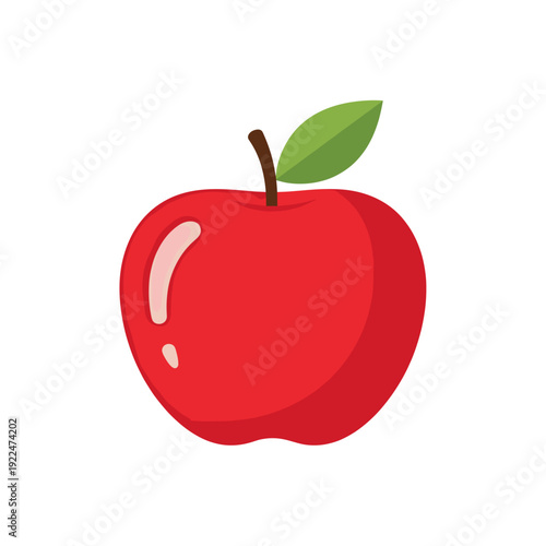 Single Ripe Red Apple with Green Leaf and Stem Isolated on White Background