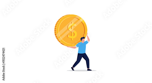 Man Holding Large Gold Coin with Dollar Sign on White Background Business Finance