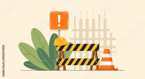 Under construction vector illustration with orange warning sign, yellow hard hat, striped barrier, and traffic cone on a light background.