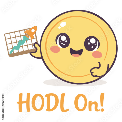 Cute smiling cartoon character holding a stock chart with a rocket showing growth and success concept