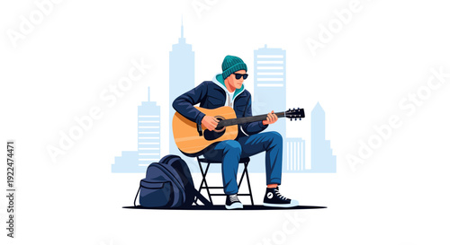 Pixel Art Musician Playing Guitar with Cityscape Background in Daylight